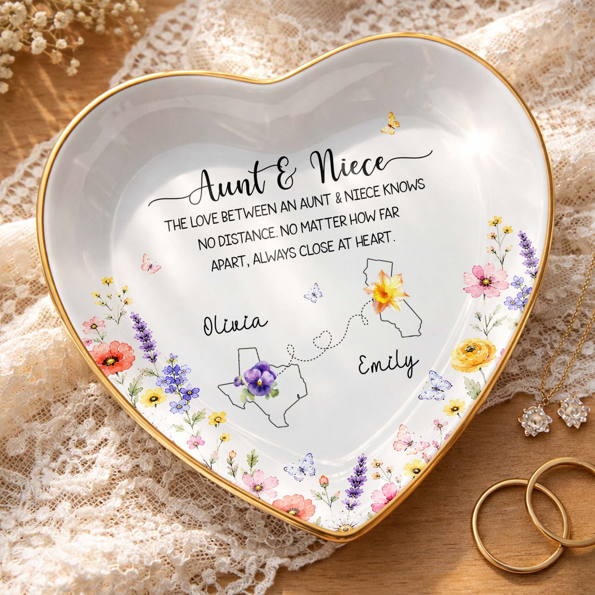 Aunt And Niece Love Knows No Distance Floral State Map - Personalized Custom Jewelry Dish, Ceramic Dish, Heart Shape - NCE104_HCRF