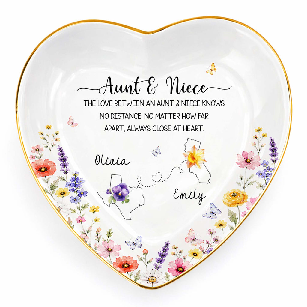 Aunt And Niece Love Knows No Distance Floral State Map - Personalized Custom Jewelry Dish, Ceramic Dish, Heart Shape - NCE104_HCRF