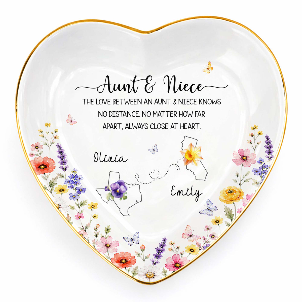 Aunt And Niece Love Knows No Distance Floral State Map - Personalized Custom Jewelry Dish, Ceramic Dish, Heart Shape - NCE104_HCRF