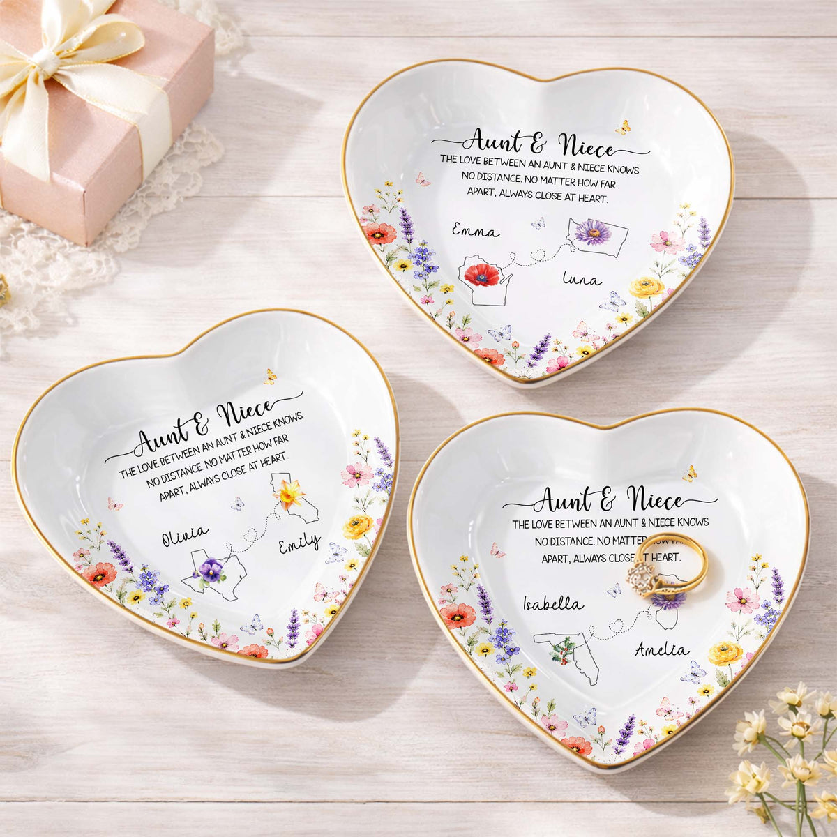 Aunt And Niece Love Knows No Distance Floral State Map - Personalized Custom Jewelry Dish, Ceramic Dish, Heart Shape - NCE104_HCRF