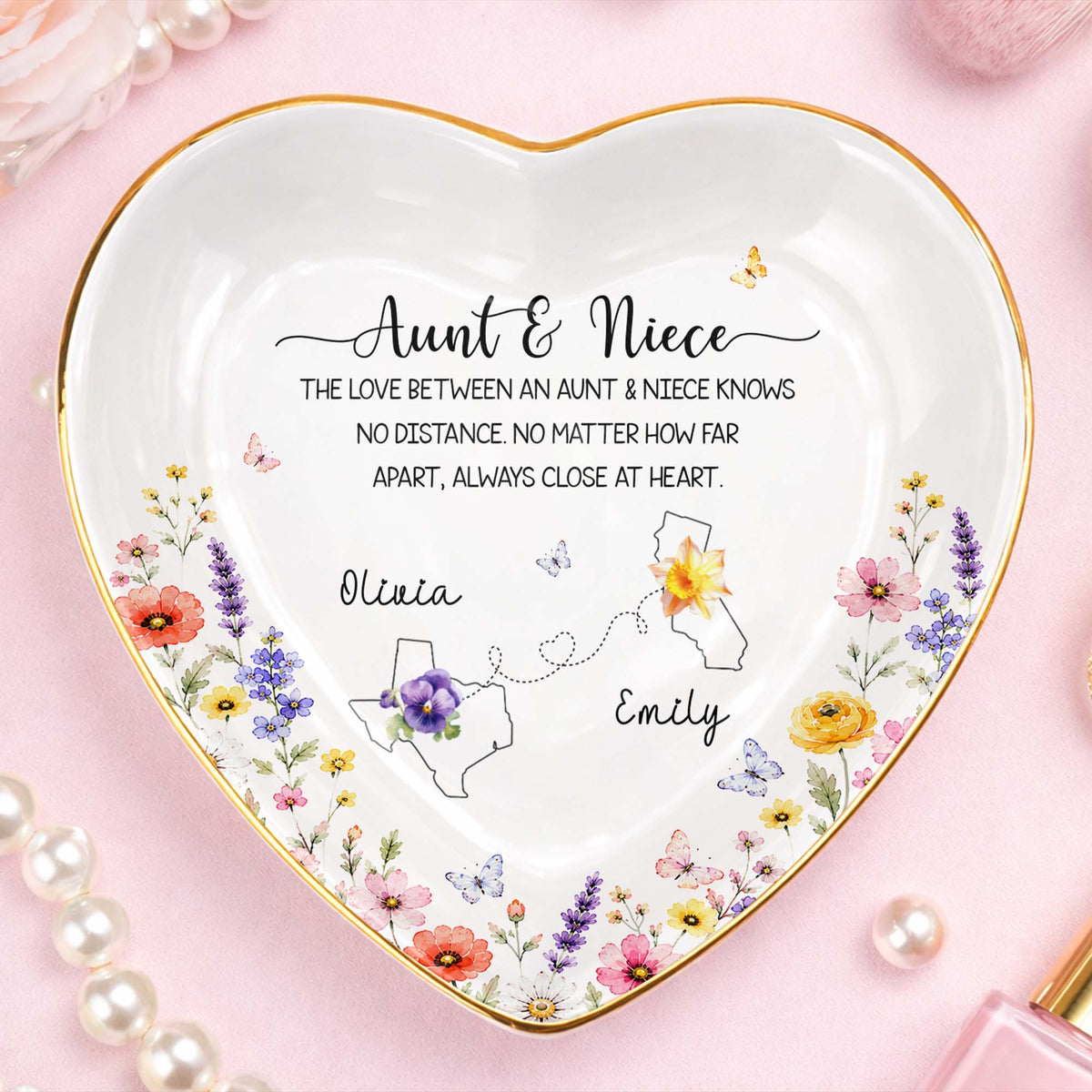 Aunt And Niece Love Knows No Distance Floral State Map - Personalized Custom Jewelry Dish, Ceramic Dish, Heart Shape - NCE104_HCRF