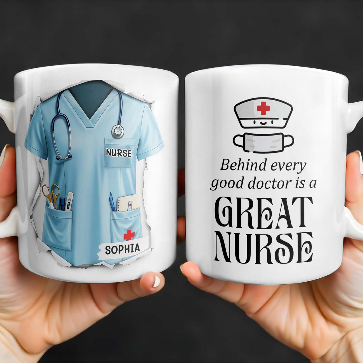 Behind Every Good Doctor Is A Great Nurse, Nurse Cap and Mask - Personalized Custom Coffee Mug - NUR010_MG
