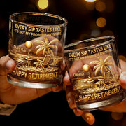 Every Sip Tastes Like Happy Retirement, Palm Trees Beach Chair Sun - Personalized Custom Whiskey Glass - RETIRE014_RWG