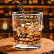 Every Sip Tastes Like Happy Retirement, Palm Trees Beach Chair Sun - Personalized Custom Whiskey Glass - RETIRE014_RWG