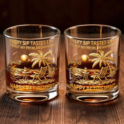Every Sip Tastes Like Happy Retirement, Palm Trees Beach Chair Sun - Personalized Custom Whiskey Glass - RETIRE014_RWG
