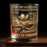 Happy Retirement, Mountains, Cabin, Lake And Sunset Design - Personalized Custom Whiskey Glass - RETIRE020_RWG