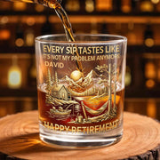 Happy Retirement, Mountains, Cabin, Lake And Sunset Design - Personalized Custom Whiskey Glass - RETIRE020_RWG