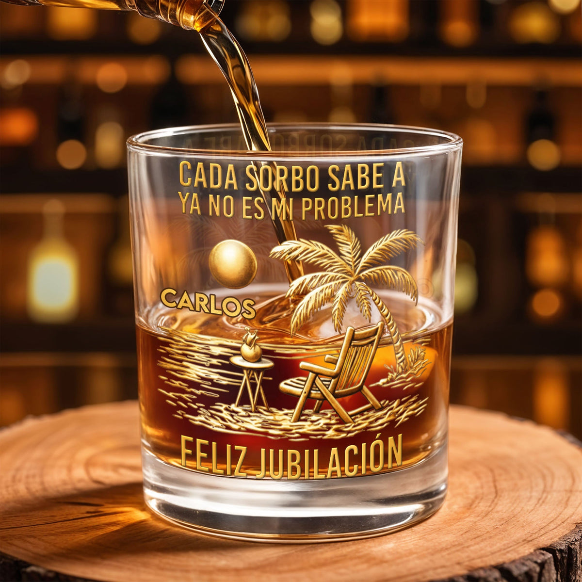 Cada Sorbo Sabe A Palm Tree Beach Chair - Personalized Custom Whiskey Glass - RETIRE036_RWG