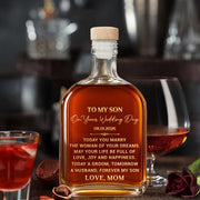 To My Son On Your Wedding Day Elegant Golden Text Husband Groom - Personalized Whiskey Bottle - SON152_WHIBA