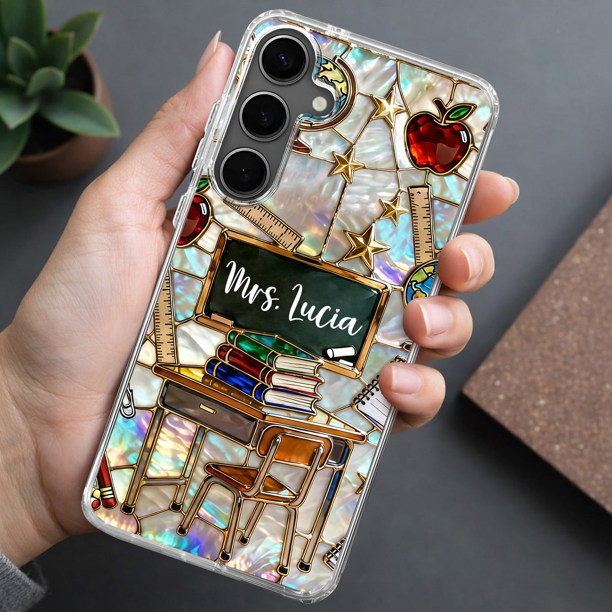 Classroom Inspired Teacher Book and Apple Design - Personalized Clear Phone Case - TEACH070_PHC