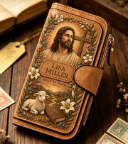Personalized "Walk By Faith" Vintage Leather Clutch Wallet 🕊️ | Jesus & Mary Editions