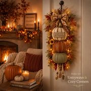 🏡🎃Lighted Stacked Pumpkin Fall Door Decor with 3 Seasonal Plaques