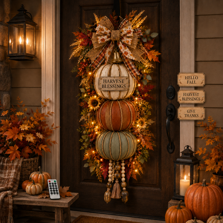 🏡ONLY DAY  60% OFF 🎃Lighted Stacked Pumpkin Fall Door Decor with 3 Seasonal Plaques